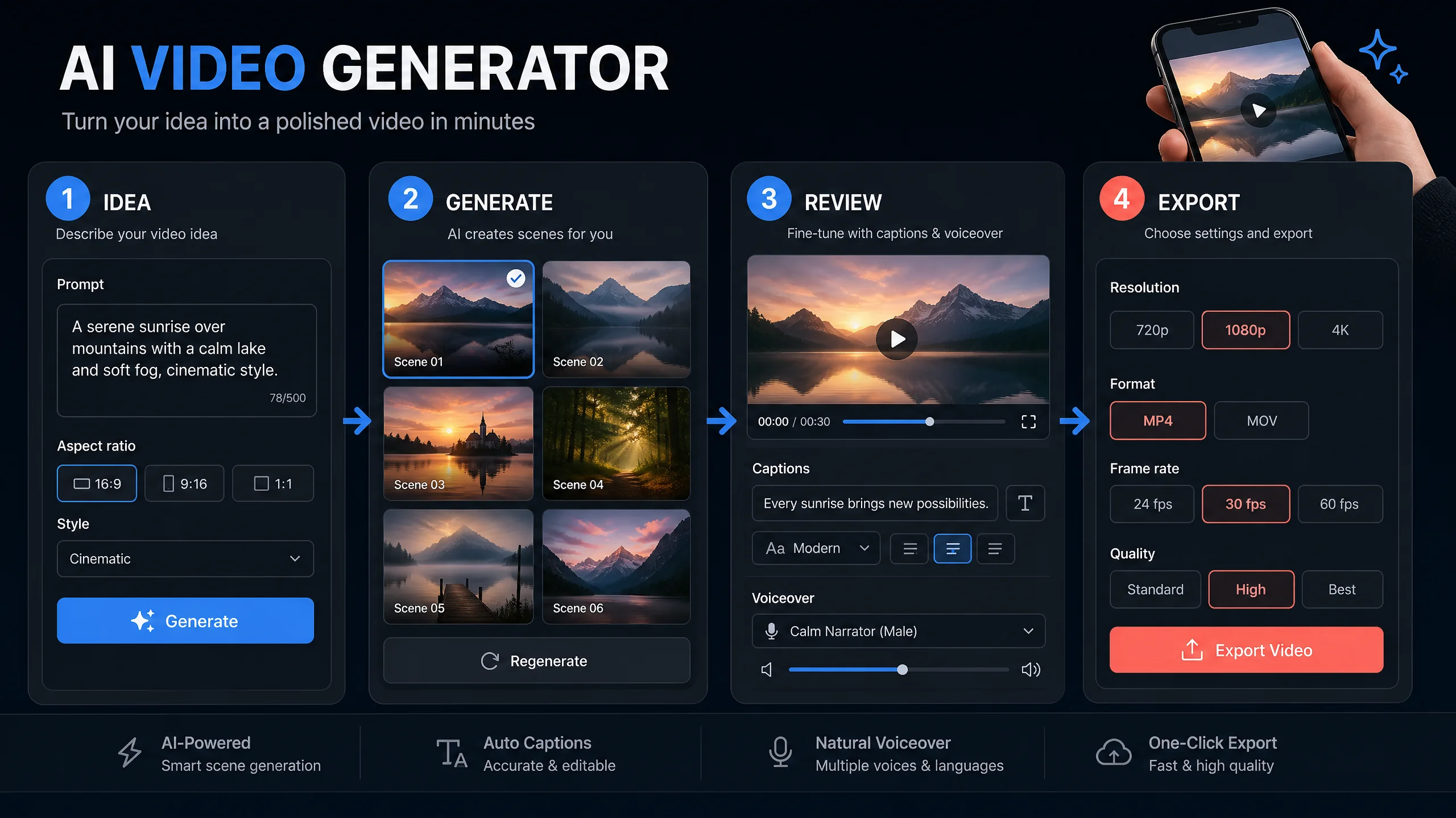 Original four-step guide showing idea or prompt, generated scenes, review and export in an AI video workflow
