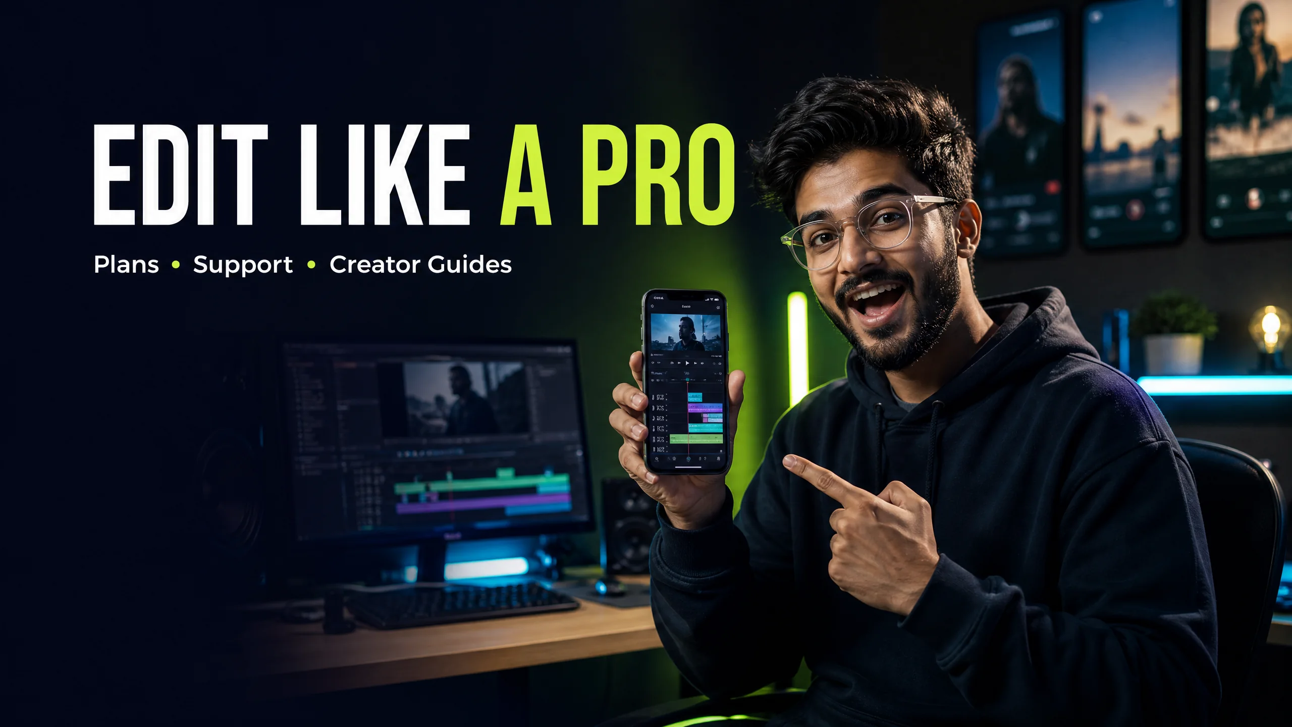 Video creator editing on a smartphone in a dark studio
